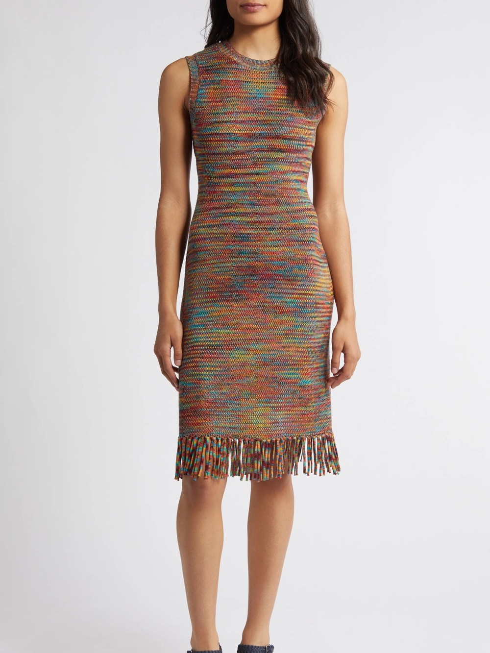 NWT Vince Camuto Melange Multicolor Knit Fringe Hem Sleeveless Dress